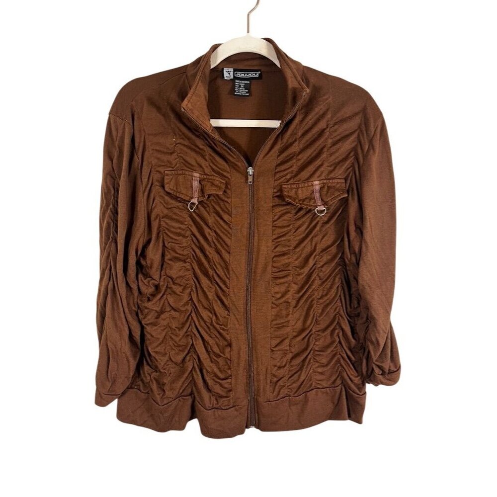 Y2K Ruched Full Zip Top Brown 3X Boho Indie Folk Neutral Western Chic 80s Artsy